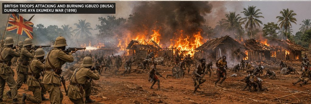 British trrops attacking and burning Igbozuo (Ibusa) during the AYA ekumeku war (1898)