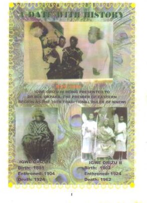 Picture shows Igwe KNO Orizu III being presented to Michael Okpara, Eastern Premier, in the First Republic, as the 20th Igwe of Nnewi.